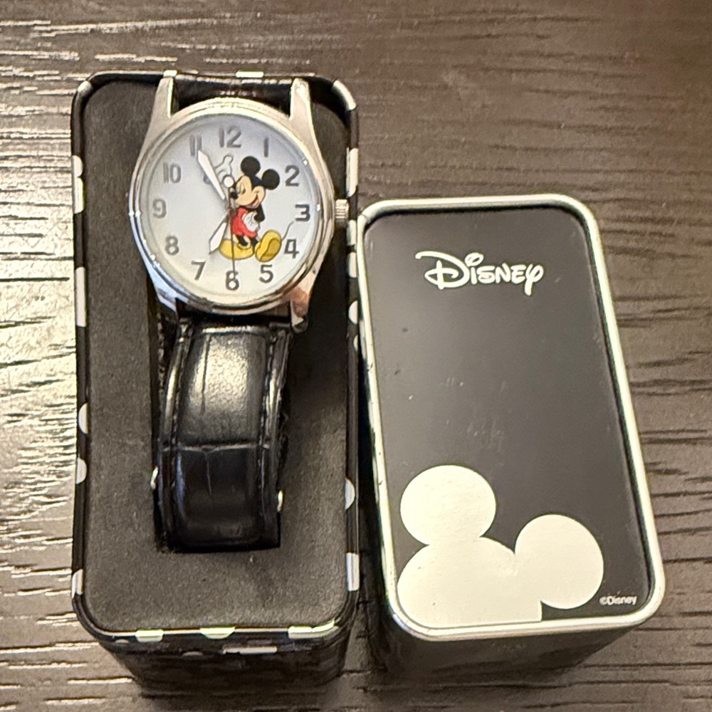 Disney Mickey Mouse Silver Watch with Black Leather Strap, new in box
